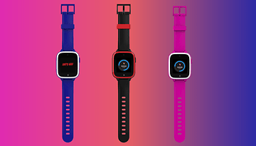 Drei Xplora Let's Go Smartwatches für Kinder in Blau, Rot und Pink mit verschiedenen Displayanzeigen.