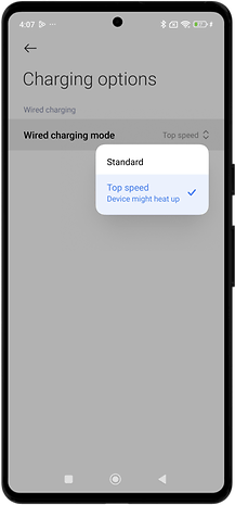 Opções de carregamento da Xiaomi com a configuração de "velocidade máxima" ativada no modo com fio.