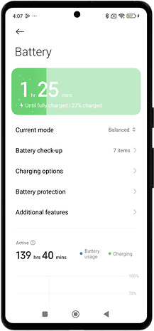 Configurações da bateria com 1 hora e 25 minutos até a carga total, 27% de carga.