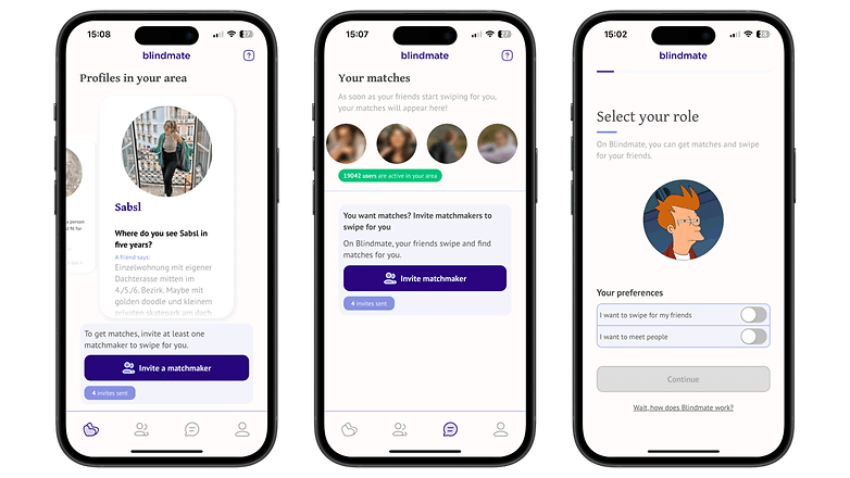 Drei mobile Bildschirme zeigen die Benutzeroberfläche der Blindmate-App mit Profilen, Matches und Rollenauswahl.