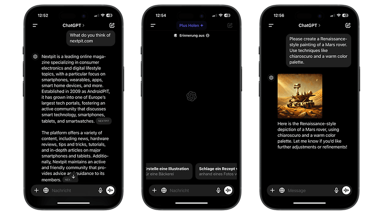Drei Smartphone-Bildschirme zeigen ChatGPT-Gespräche über NextPit und eine Anfrage für ein Mars-Rover-Gemälde.