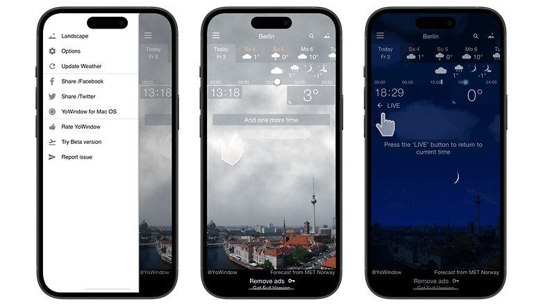 Übersicht der YoWindow-App mit Wetterdetails und Optionen.