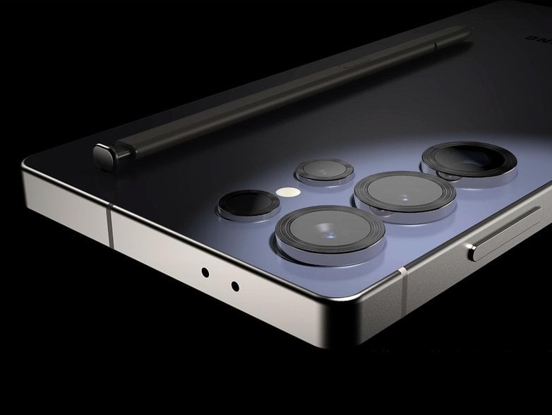 Close-up of a Samsung S25 Ultra smartphone showcasing its camera lenses and stylus on a dark background.