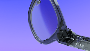 Nahaufnahme der VIVE Eagle Gray Smartbrille vor einem lila Farbverlauf.