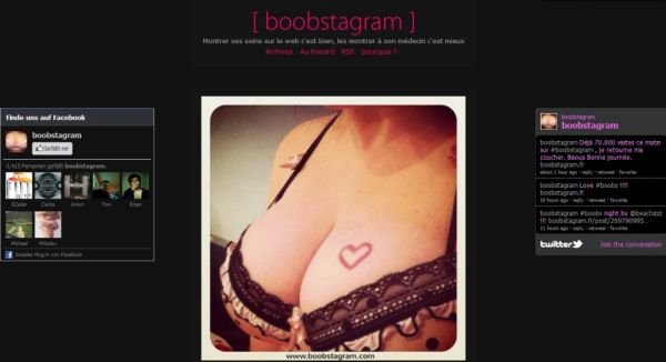 Image de poitrine avec un tatouage en forme de cœur, sur fond d'un site web nommé "boobstagram".