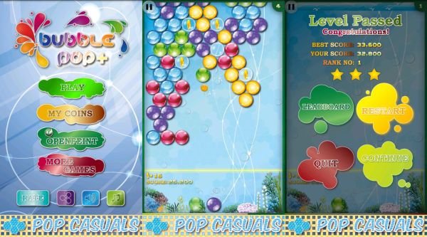 Écran de jeu de Bubble Pop+, affichant le score, options de jeu, et graphique de bulles colorées. Niveau réussi.