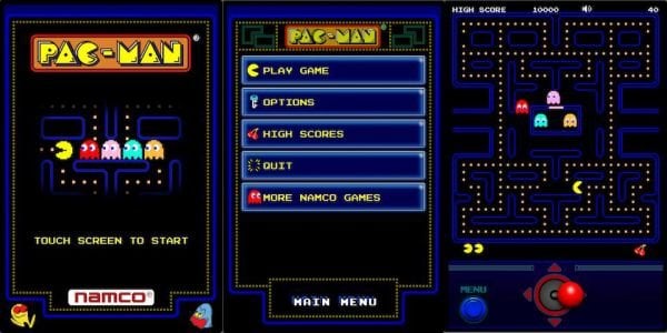 Écran de jeu Pac-Man avec options, score élevé et fantômes. Touche pour commencer, logo Namco en bas.