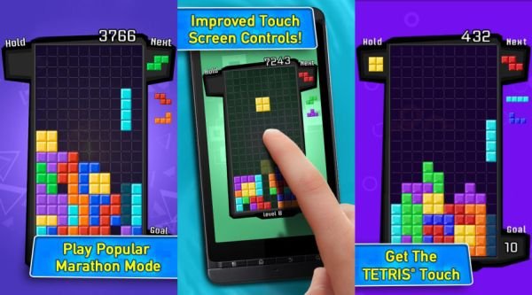 Trois captures d'écran du jeu Tetris montrant différents modes et contrôles tactiles améliorés. Scores affichés.