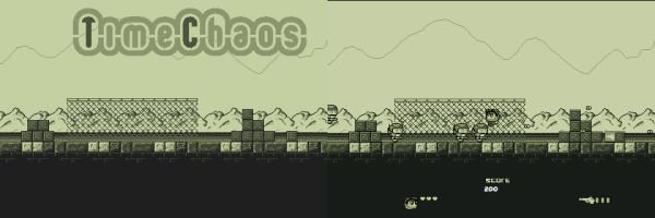 Un jeu vidéo rétro en monochrome avec le titre "TimeChaos" et un personnage en train de courir sur un fond de niveau.