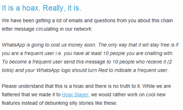 Texte sur un hoax concernant WhatsApp, indiquant qu'il n'y a aucune vérité au sujet de frais futurs.