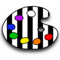 Palette de peinture avec des couleurs vives sur fond noir et blanc à rayures.