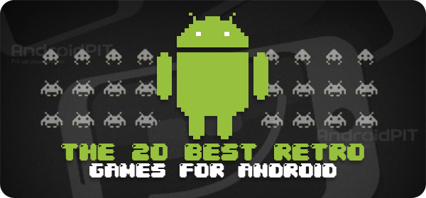 Logo Android vert avec des extraterrestres rétro et texte "LES 20 MEILLEURS JEUX RÉTRO POUR ANDROID".